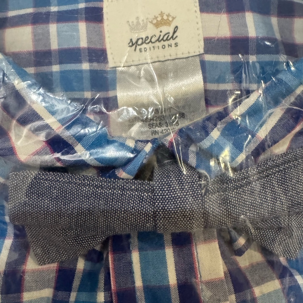 Kids Blue Plaid Button Down Shirt with Bow Tie. - Picture 2 of 4